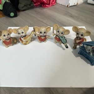 Vintage Ceramic Mouse Band Figurines - Set of 6- Cream & Red